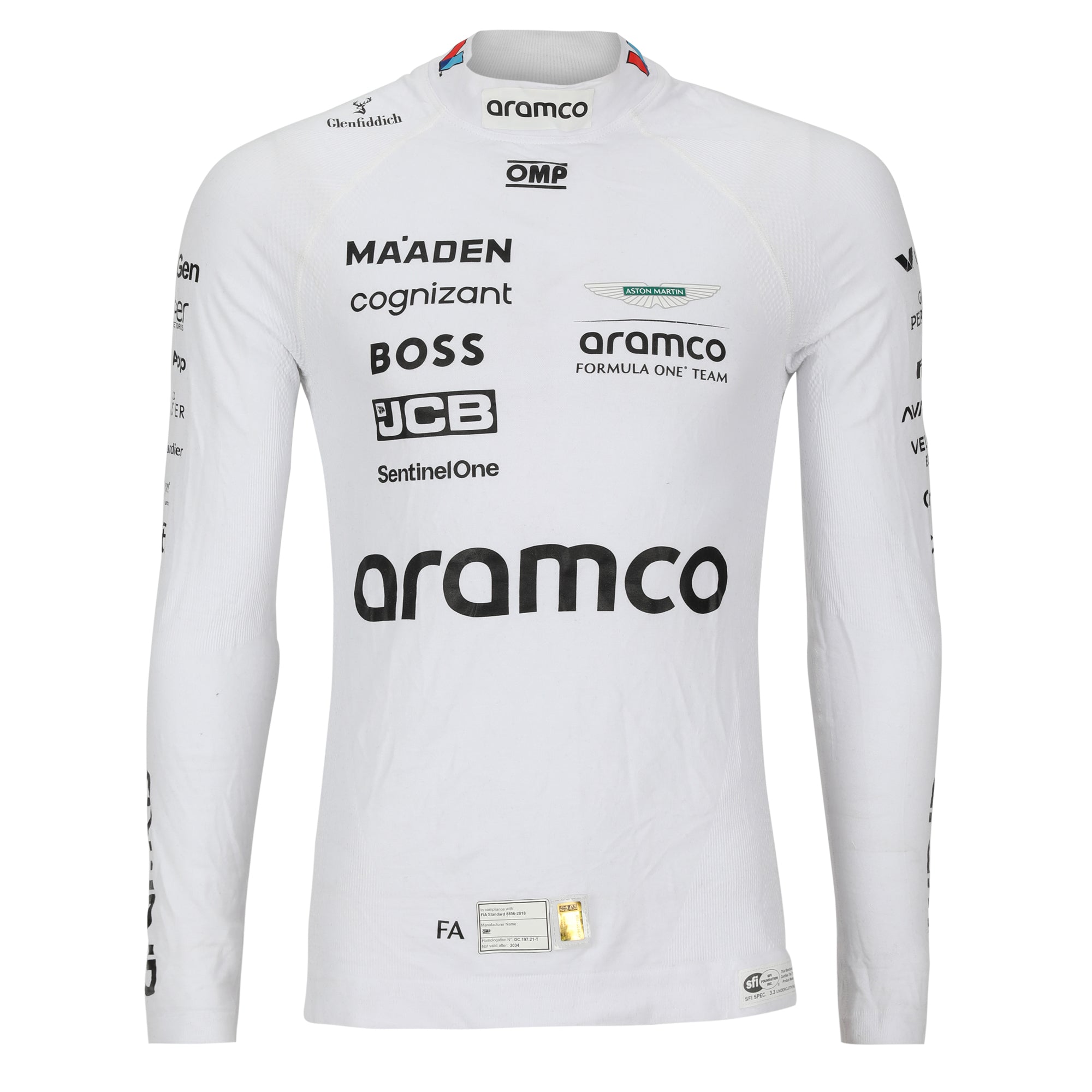 Fernando Alonso Un-Signed 2024 Aston Martin Aramco Formula One Team Grand Prix Used Nomex - Las Vegas GP - White